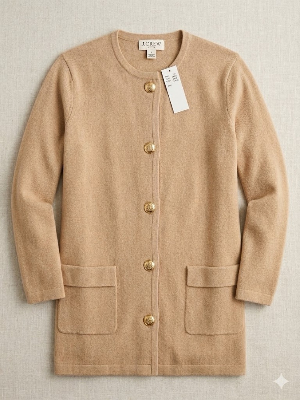 NWT J.Crew Camel Long Sweater Coat Cardigan Gold Medallion Buttons Size Small